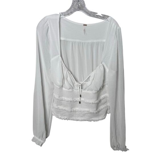 Free People White Smocked Peasant Top L Long Sleeve Boho Festival Romantic - Picture 1 of 9